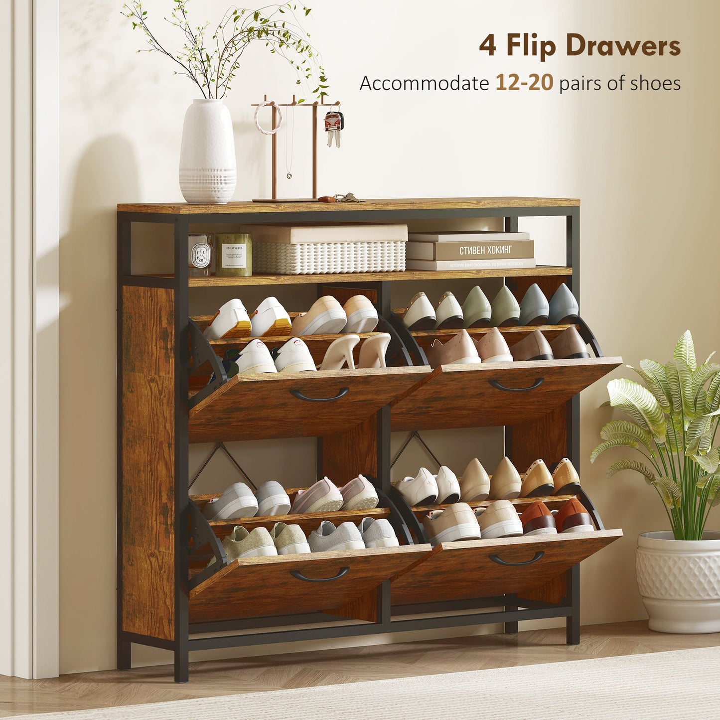 HOMCOM Shoe Storage Cabinet with 4 Flip Drawers and Open Shelf - Rustic Brown