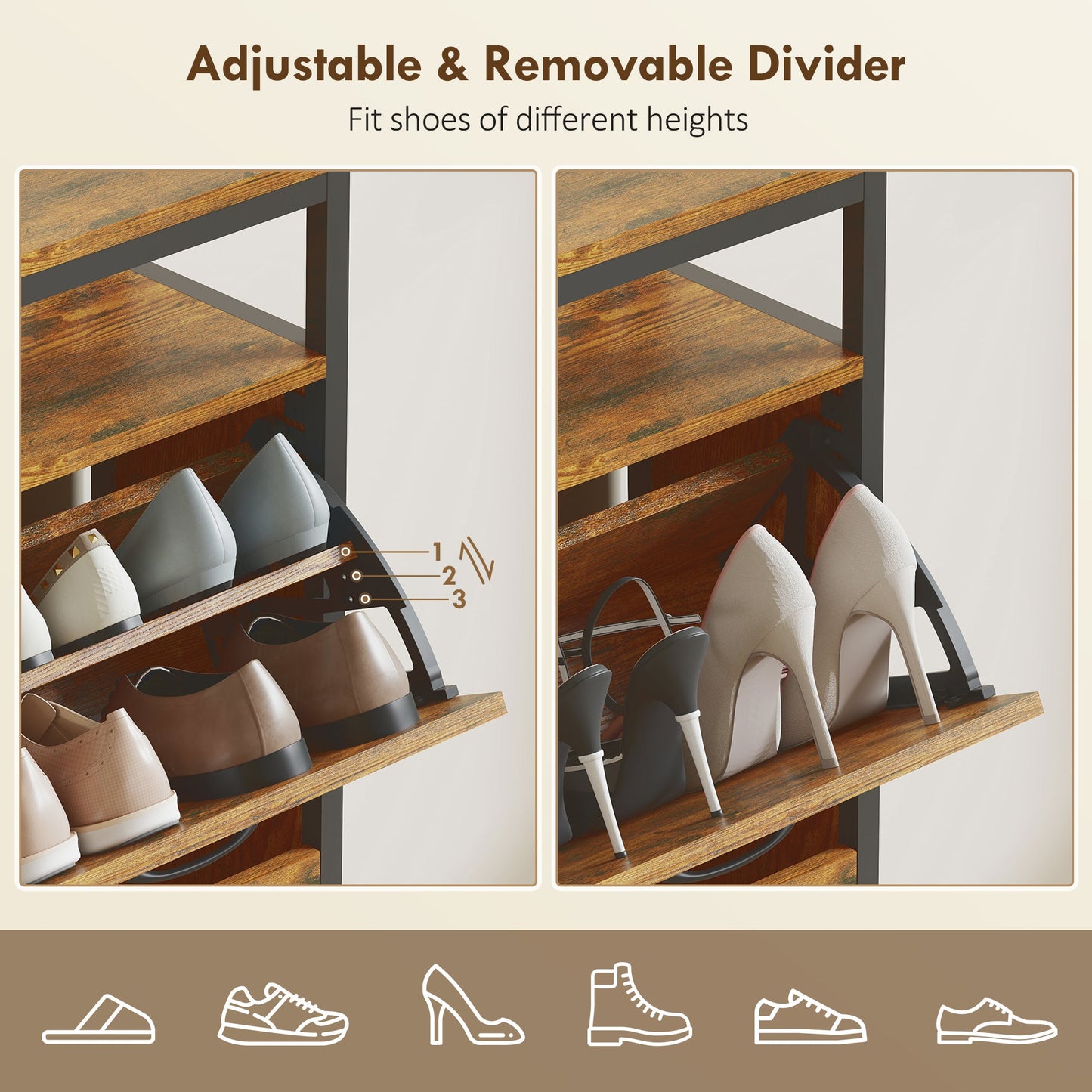 HOMCOM Shoe Storage Cabinet with 4 Flip Drawers and Open Shelf - Rustic Brown
